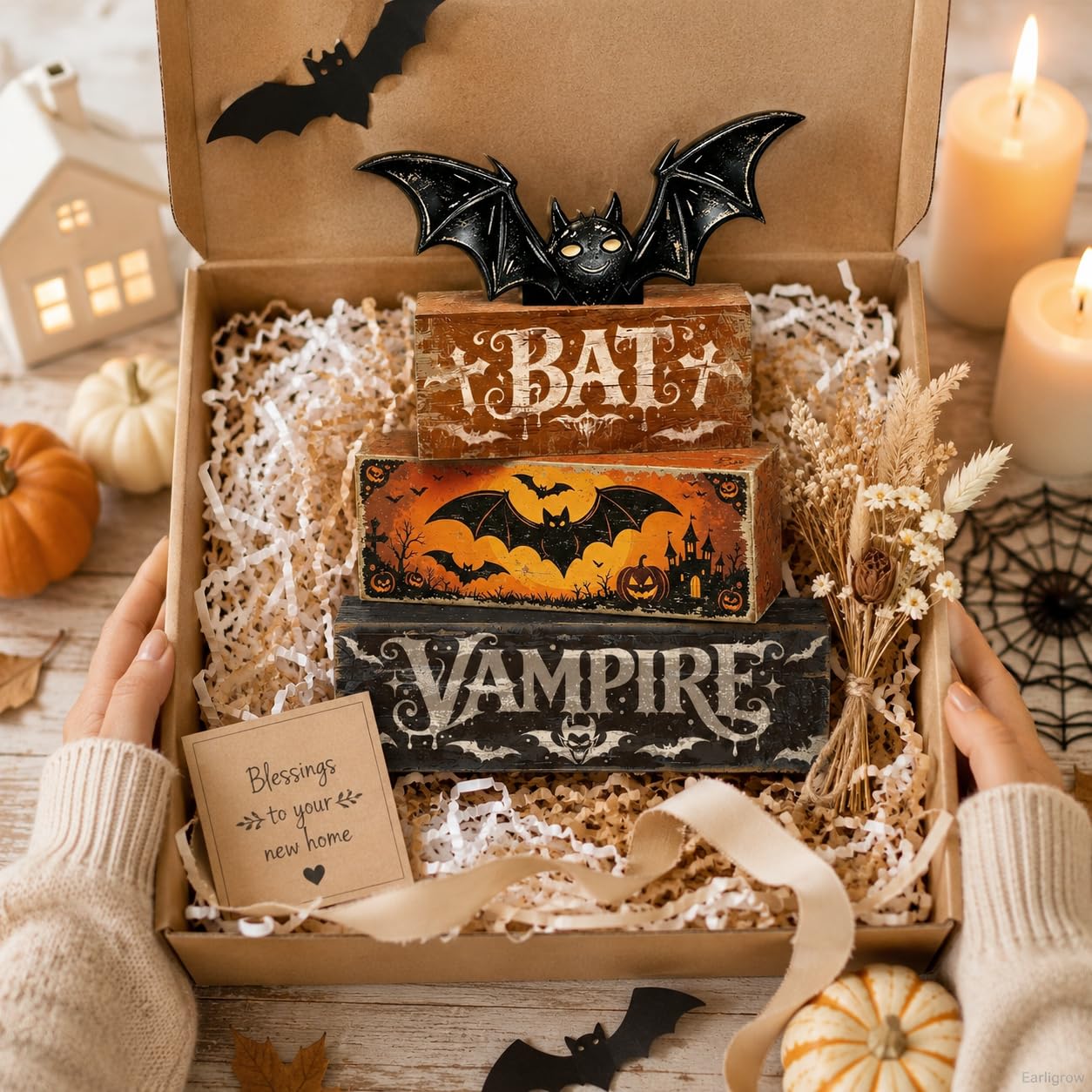 4 Pcs Halloween Table Decorations Bat Tiered Tray Decor Farmhouse Rustic Wooden Block Signs with Vampire & Jack-o'-Lantern Halloween Tabletop Centerpiece for Home Kitchen Shelf Mantel Office Desk
