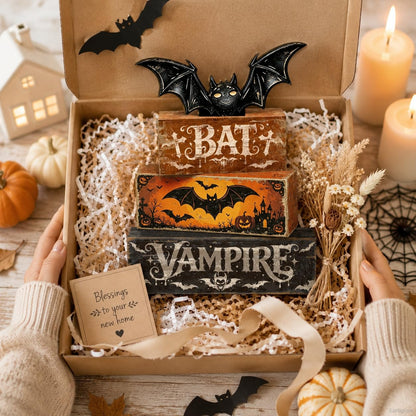 4 Pcs Halloween Table Decorations Bat Tiered Tray Decor Farmhouse Rustic Wooden Block Signs with Vampire & Jack-o'-Lantern Halloween Tabletop Centerpiece for Home Kitchen Shelf Mantel Office Desk