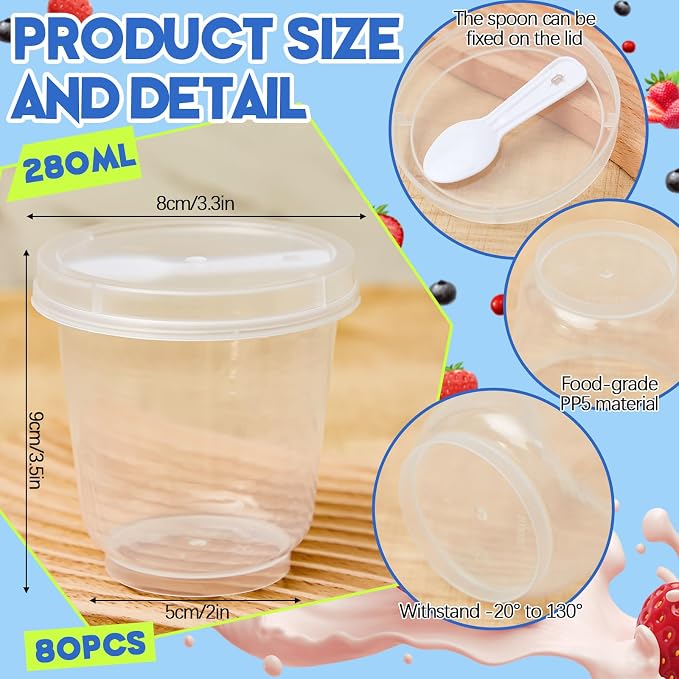 Jingmore 80 Pack 9.5oz Clear Plastic Yogurt Parfait Cups Disposable Overnight Oats Containers with Lids and Spoons Cake Fruit Jars for Food Storage Salad Ice Creams Pudding Snacks (Round Style)