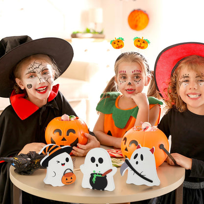 COCHIE Cute Ghost Halloween Decorations Indoor, Wooden Tiered Tray Decor Table Sign Set of 3, Black Cat Bat Witch Broom Signs Pumpkin Blocks for Party Home Shelf Display (C-Ghost)