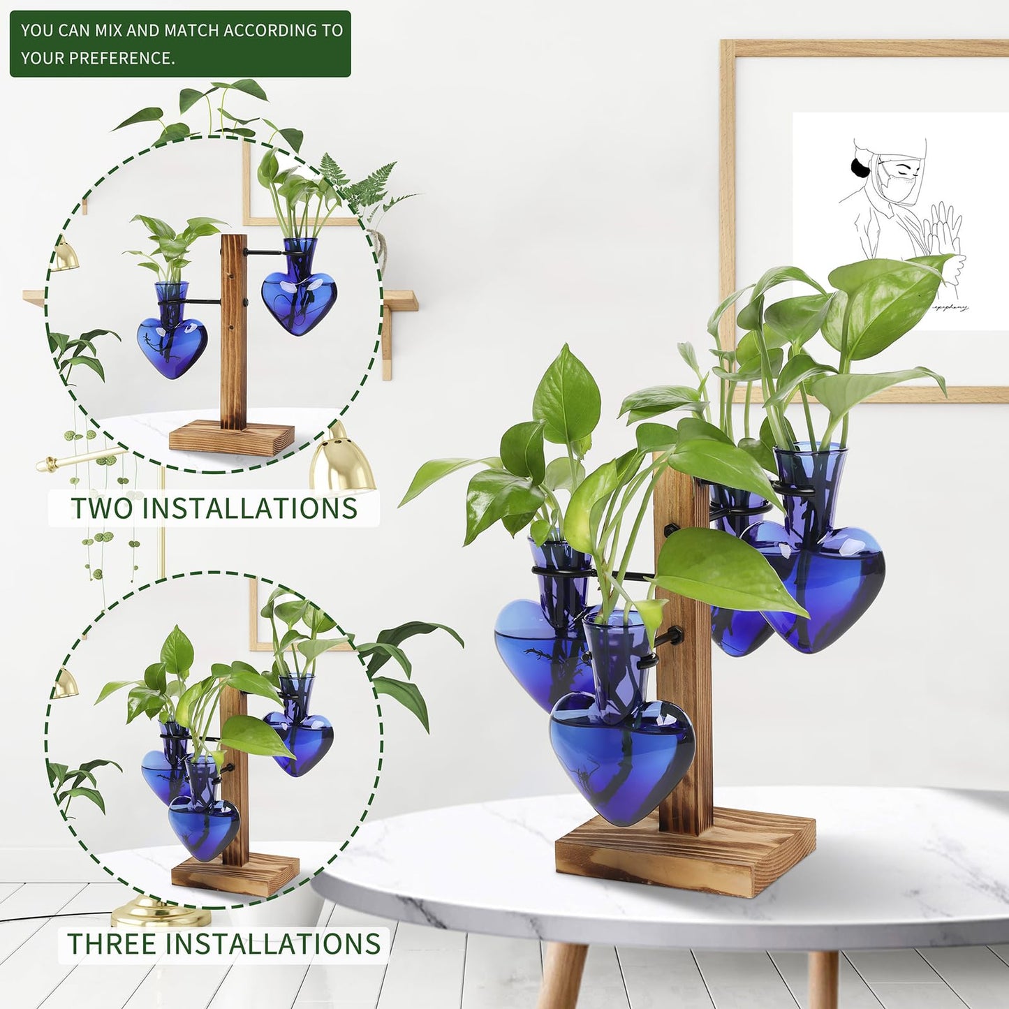 CYZglass Plant Terrarium Propagation Stations with Wooden Stand, Glass Vase for Indoor Hydroponics Home Garden Office Decoration Gift for Women - 4 Love Bulb Vase