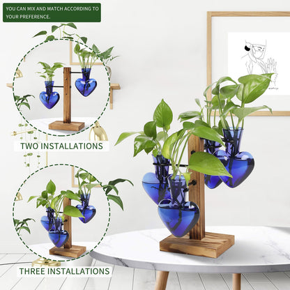 CYZglass Plant Terrarium Propagation Stations with Wooden Stand, Glass Vase for Indoor Hydroponics Home Garden Office Decoration Gift for Women - 4 Love Bulb Vase