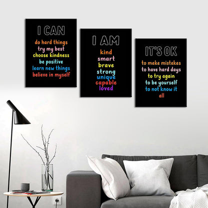 PSYYSP Positive Affirmations Wall Decor For Kids Bedroom Classroom Posters Growth Mindset I Am I Can It Is Ok Inspirational Canvas Art Set 3 Piece Framed Office Decor 16x36 Inch Triptych Artwork