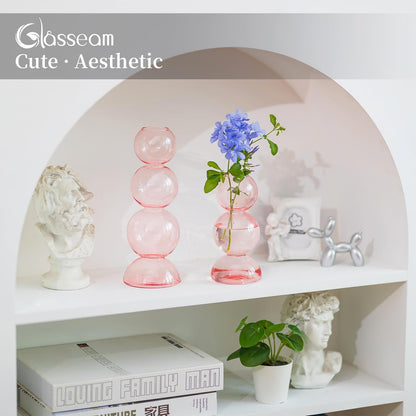 Glasseam Cute Pink Flower Vase, Unique Handmade Glass Vase for Flowers, Aesthetic Small Bud Vase Decor, Modern Ball Round Decorative Propagation Vases for Living Room Dining Table Decorations