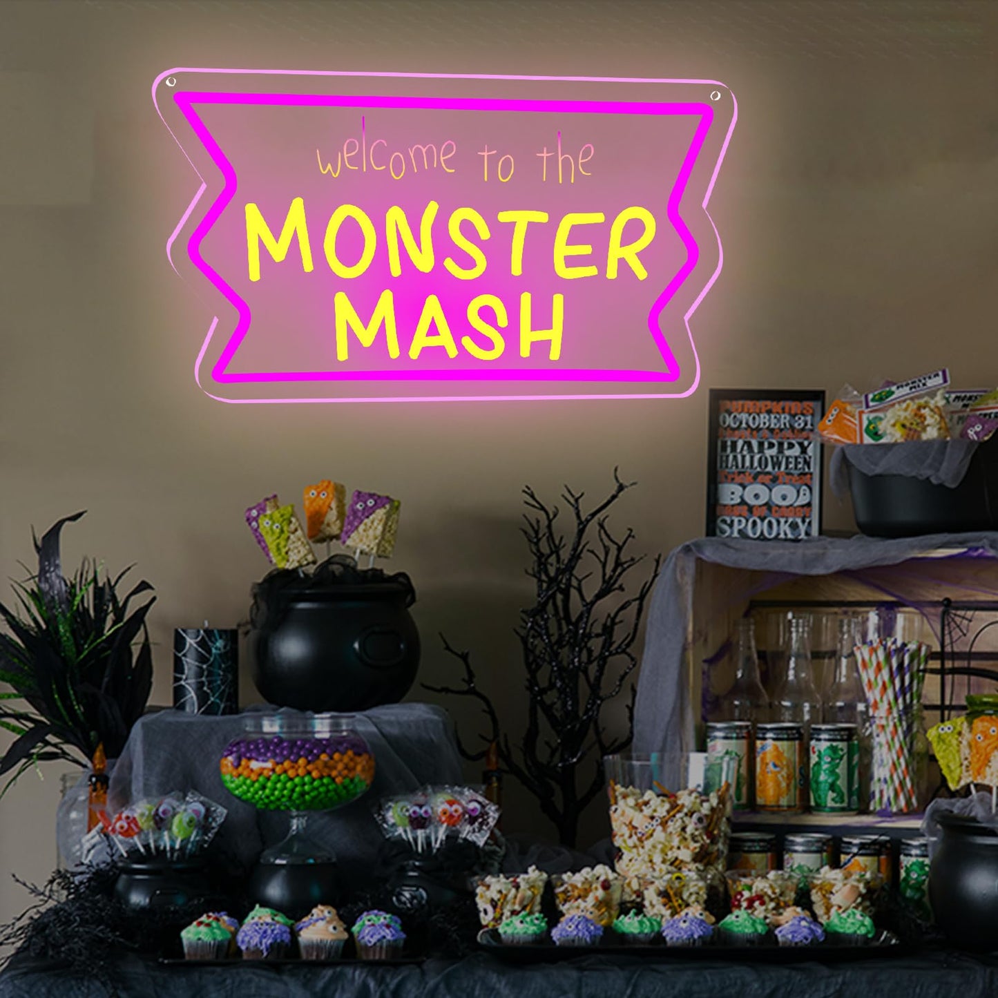 Welcome to Monster Mash Neon Sign for Wall Decor,Ghost Led Dimmable Neon Lights for Gaming Room Boys Room Decor，Powered by USB 9.5 * 15.7inch, Halloween Birthday Party Christmas Gifts