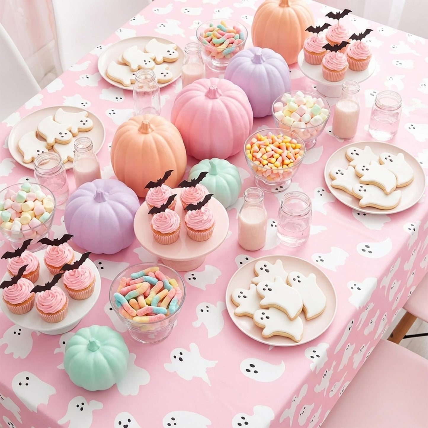 FYSUIMU 12Pcs Halloween Plastic Tablecloths White Pink Ghost Disposable Table Cover Rectangle Table Cloth for Halloween Party Decor, 54 x 108 Inch