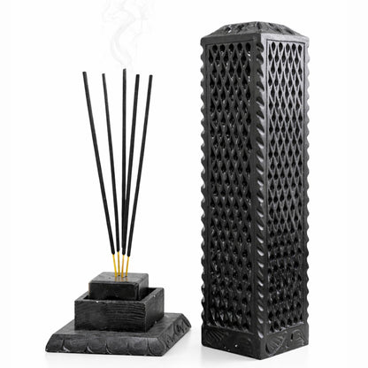 KC KULLICRAFT Handmade Marble Black Soapstone Incense Stick Burner | Candle Stick Holder | Tea Light Burner - Perfect Jaali Carving for Gifting. Decorative Home and Kitchen Decor (3 x 3 x 11 Inches).