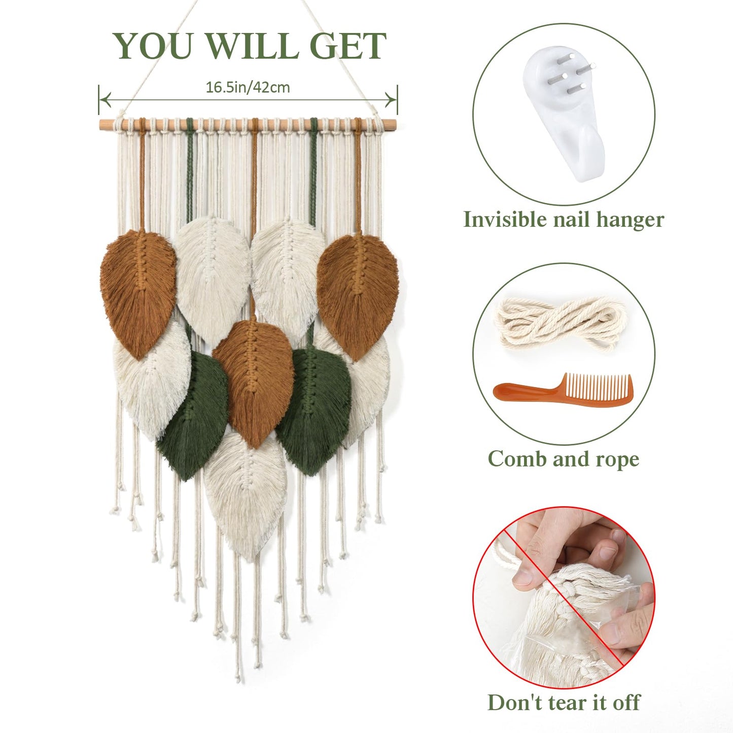 KHOYIME Macrame Wall Hanging Leaves Woven Tapestry, Boho Chic Home Decor Modern Bohemian Handmade Leaf Feather Wall Art Decorations for Apartment Dorm Living Room Bedroom Nursery Backdrop 16.5"x29.5"