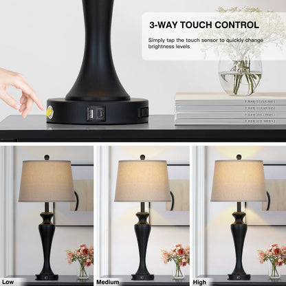 luxeflow 30 Inch Black Table Lamp Single, 3-Way Dimmable Touch Control Living Room Lamps with USB A+C Ports and AC Outlet, Tall Bedside Lamps for Nightstand, Modern Metal Bedroom Lamp, Bulb Included