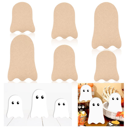 JarThenaAMCS 6Pcs Halloween Wooden Sign Cute Ghost Unfinished Ghost Shaped Table Wooden Signs for Halloween Autumn Tiered Tray Decor Home Kitchen Office DIY Craft