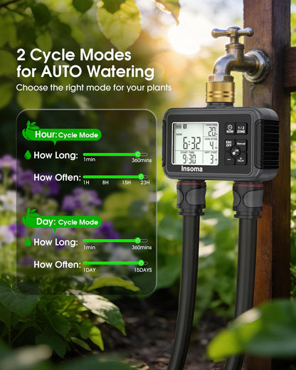 Insoma Water Timer with Brass Inlet & Outlet, 2 Independent Zones Outdoor Hose Timer for Garden Faucet with Auto/Manual/Rain Delay Mode, Sprinkler Irrigation Controller for Yard Lawn