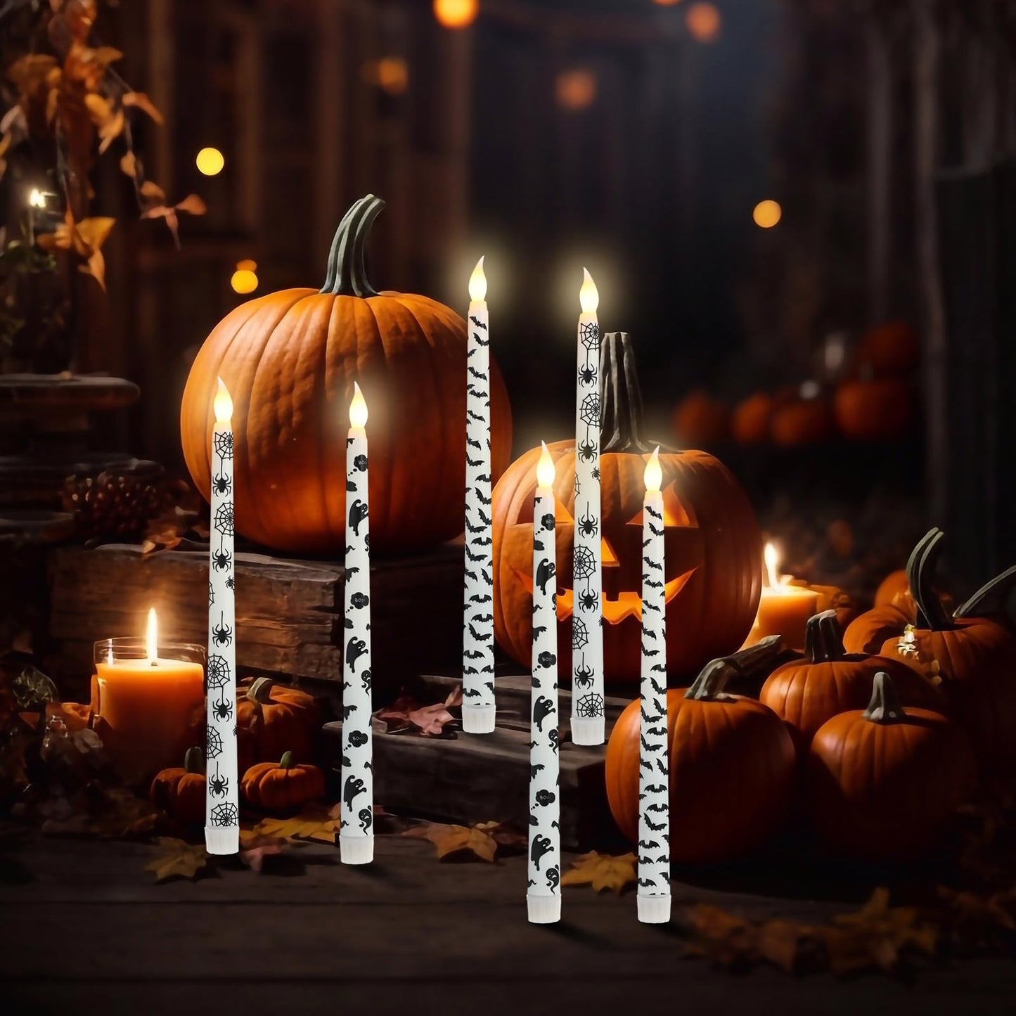 Kittmip 6 Pcs Halloween Flameless Taper Candles 11 Inch Long Spider Web Bats Ghosts Battery Operated LED Candles Table Centerpiece for Spooky Party Table Decor