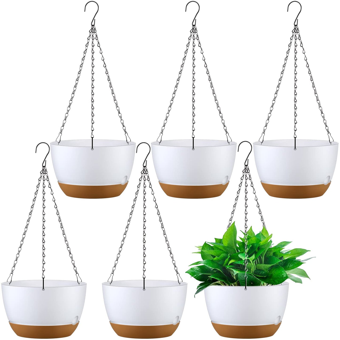 Remerry 6 Pcs 10 Inch Hanging Planter Hanging Plant Pot Plastic Round Hang Baskets for Plants Indoor Flower Pot with Drainage Holes Removable Trays for Garden Home Patio(White)