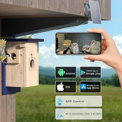 Birdhouse Camera – Solar Powered 1080P/2K HD Smart Nest Box, 2.4G WiFi Live View, Night Vision, Real-Time Bird Watching & Hatching, Outdoor Garden Bird Nest, Ideal Gift for Bird Lovers