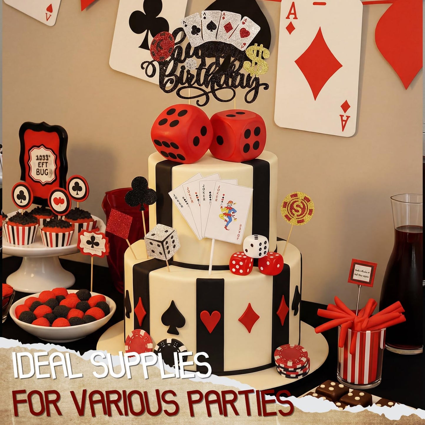 Gersoniel 20 Pcs Casino Cake Decorations Set Casino Theme Party Decorations Includes Poker Dice Chips Poker Birthday Decor Cake Cupcake Topper Happy Birthday Topper for Party