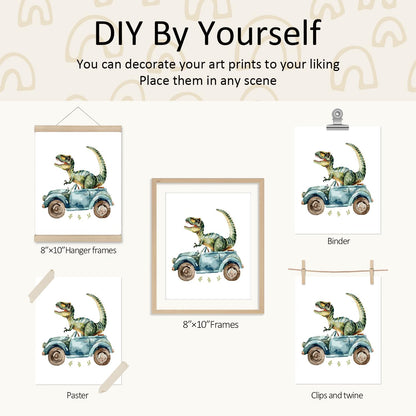 VONTP Dinosaur Nursery Wall Art Decor, Green Dino Construction Truck Boys Room Artwork for Kids Room Nursery Playroom, 8x10 Inch Set of 4 (Unframed)
