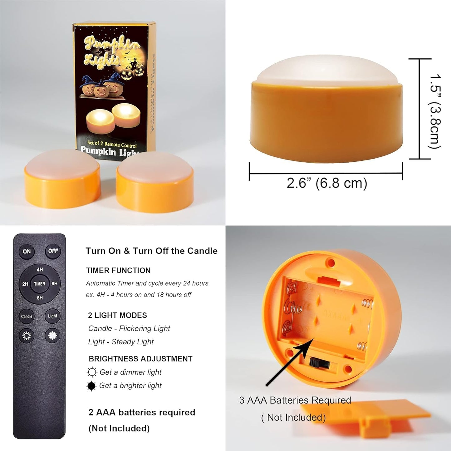 iZAN 4 Pack Orange Halloween Pumpkin Lights Battery Operated LED Bright Flickering Flameless Candles with Remote and Timer for Pumpkin Décor Jack-O-Lantern Halloween Party Home Decorations