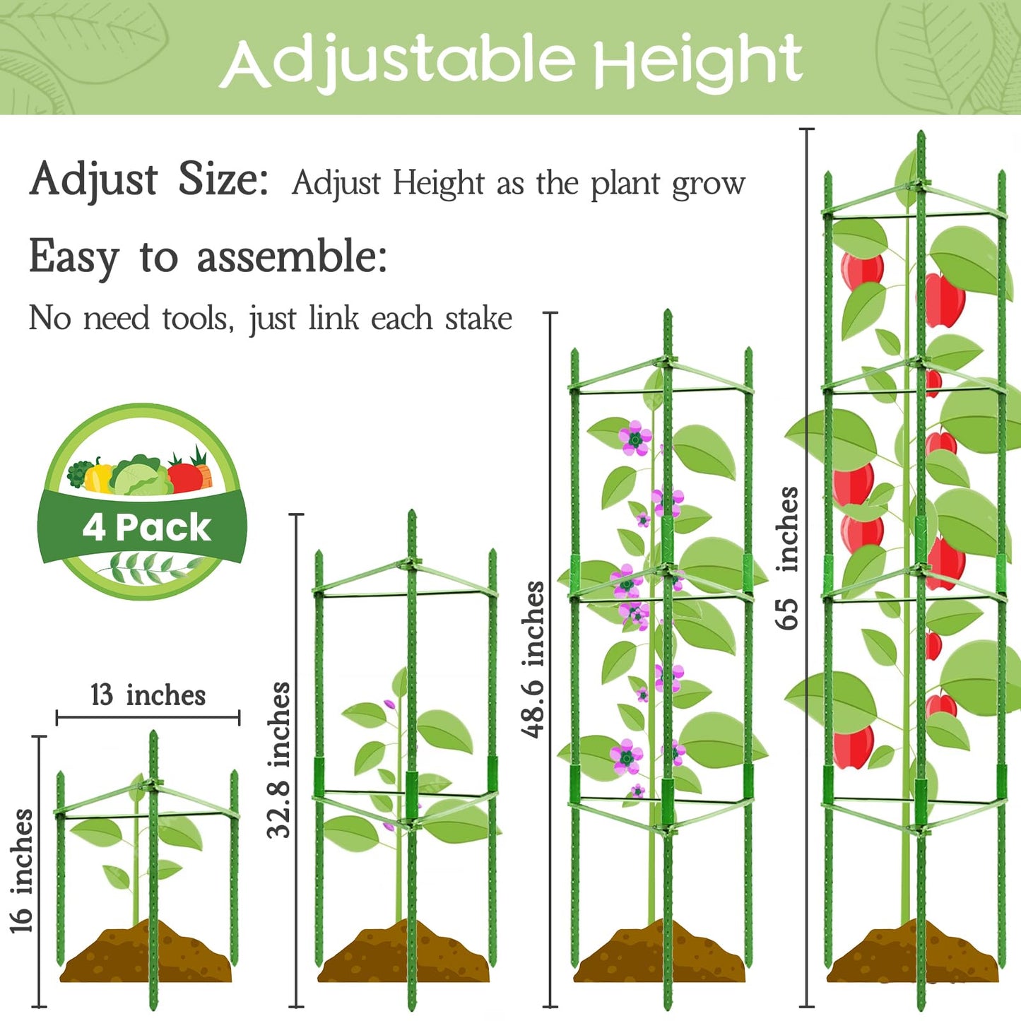 Legigo 4-Pack Tomato Cage for Garden Plant Support- Up to 63inch Garden Stakes Tomato Cage, Tomato Trellis for Potted Plants, Tomato Cages Plant Stakes for Climbing Vegetables Plants Flowers