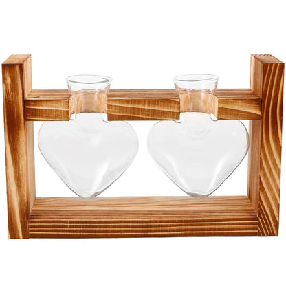 GLSTOY Glass Hydroponic Planter Vase with Wooden Stand, Heart-Shaped Glass Terrarium for Indoor Plants, Desktop Flower Pot for Home and Office Décor