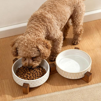 Ceramic Dog Bowl Set with Acacia Wood Stand, 1.5–2 Cups Food & 15oz Water Ceramic Pet Bowls, Lead-Free, Smooth Glaze with Non-Slip Base for Cats and Small Dogs