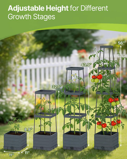 Suteck Raised Garden Bed Planter Box with Trellis, 2-Pack Self-Watering Tomato Planter with Adjustable Height Steel Support Frame for Climbing Plants, Tomato Cages for Patio, Balcony & Outdoor