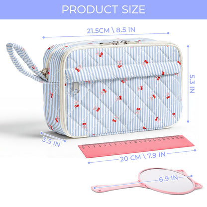 WOBAGMEN Quilted Pencil Pouch for Girls Women, Large Pencil Case Pouch with Compartments Cute Aesthetic Pencil Case Organizer, Floral Pencil Bag for School Supplies (Striped Cherry)