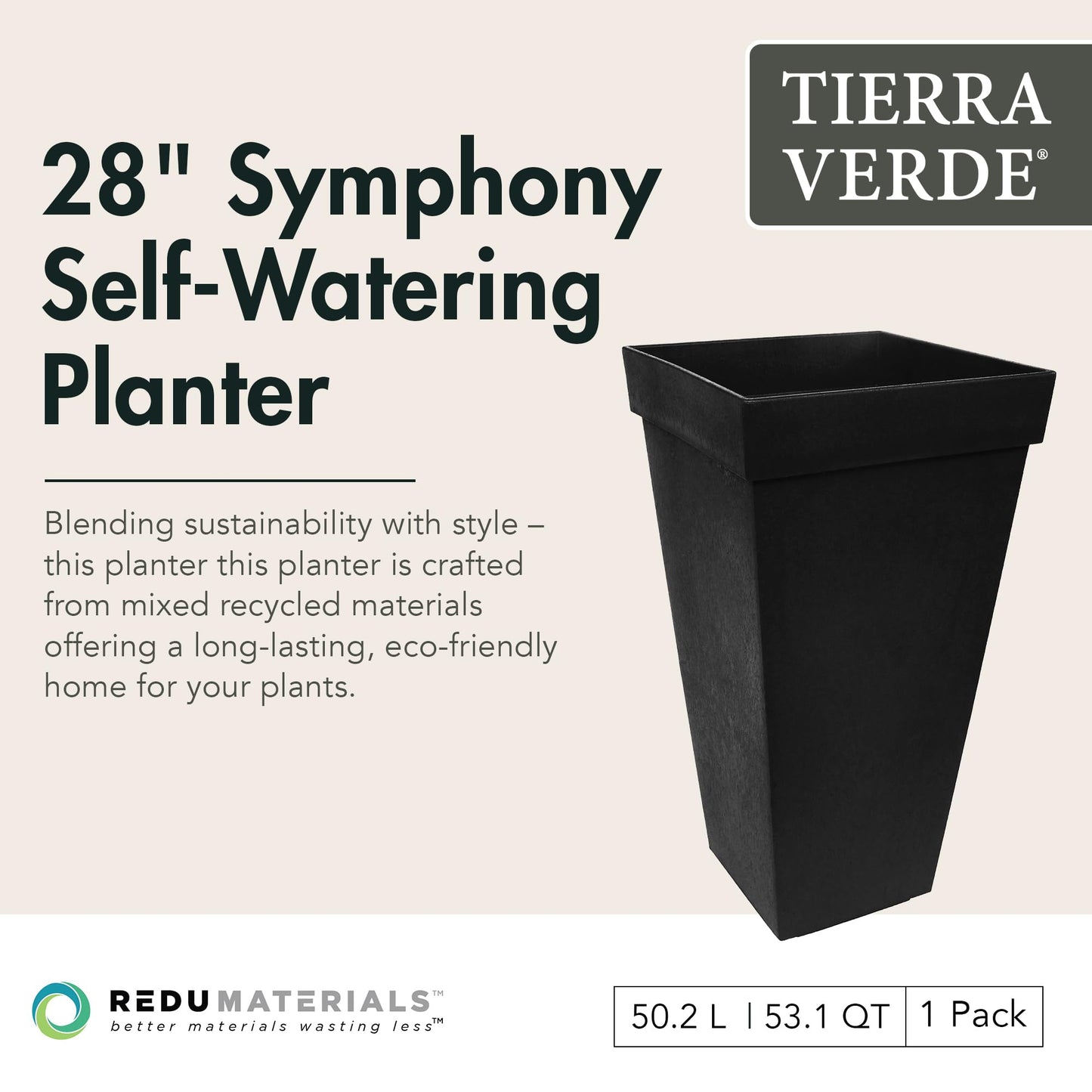 Tierra Verde Indoor & Outdoor Self-Watering Square Planter, Symphony, 15" x 28", Black - Planting Containers for Plants and Flowers - Gardening and Landscaping Accessories