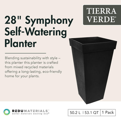 Tierra Verde Indoor & Outdoor Self-Watering Square Planter, Symphony, 15" x 28", Black - Planting Containers for Plants and Flowers - Gardening and Landscaping Accessories