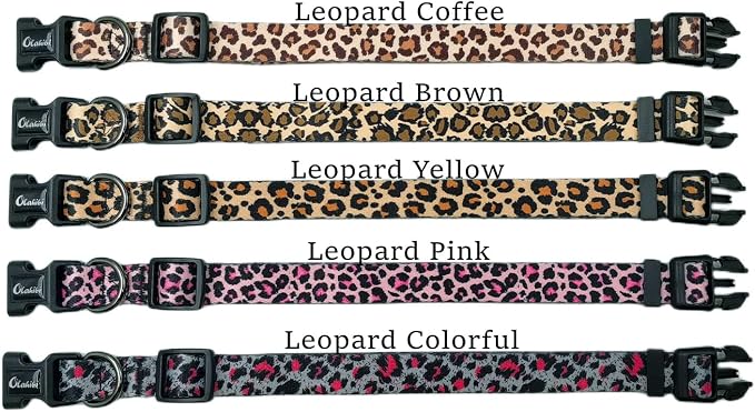 Dog Collar Leash Set, Leopard Pattern, Polyester Material, Adjustable Collar and 5ft Matching Leash, for Medium Dogs.(M, Yellow Leopard)