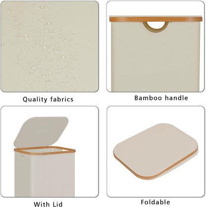 100L Laundry Hamper with Lid, Lagre Basket with Bamboo Handles,Foldable Clothes Hamper Tall Dirty Laundry Basket for Clothes Toys Towels Organizing,Pink