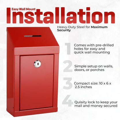 Metal Donation Box-Suggestion Box with Slot and lock-Cash Lock box for Money-Secure Drop Box-Comment and ballot voting box-comes with pre-drilled holes for easy wall mounting 10 X 6 X 2.5"(Red)