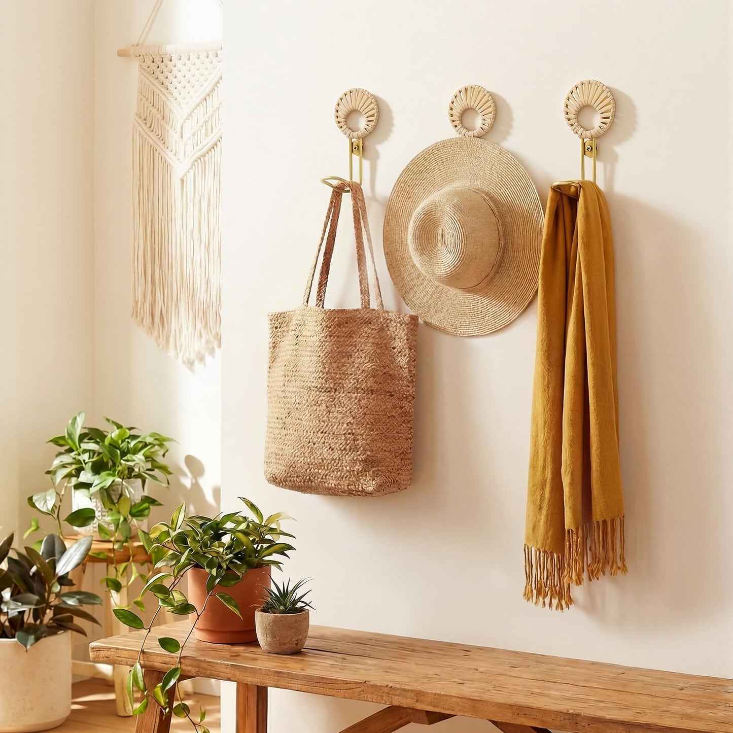 Novabright 3 Pcs Decorative Boho Wall Hooks Woven Rattan Metal Hanging Holder Gold Farmhouse Coat Rack Hooks with Screws for Hanging Coats, Keys, Towels, Bags, Coat Rack for Home Decor Entryway