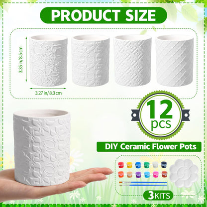 Zubebe 12 Pcs Paint Your Own Ceramic Pots Bulk Unfinished Succulent Pots Painting Kit with Drainage Hole Mini Paintable Plant Vase Ready to Paint Planter for Cactus DIY Craft
