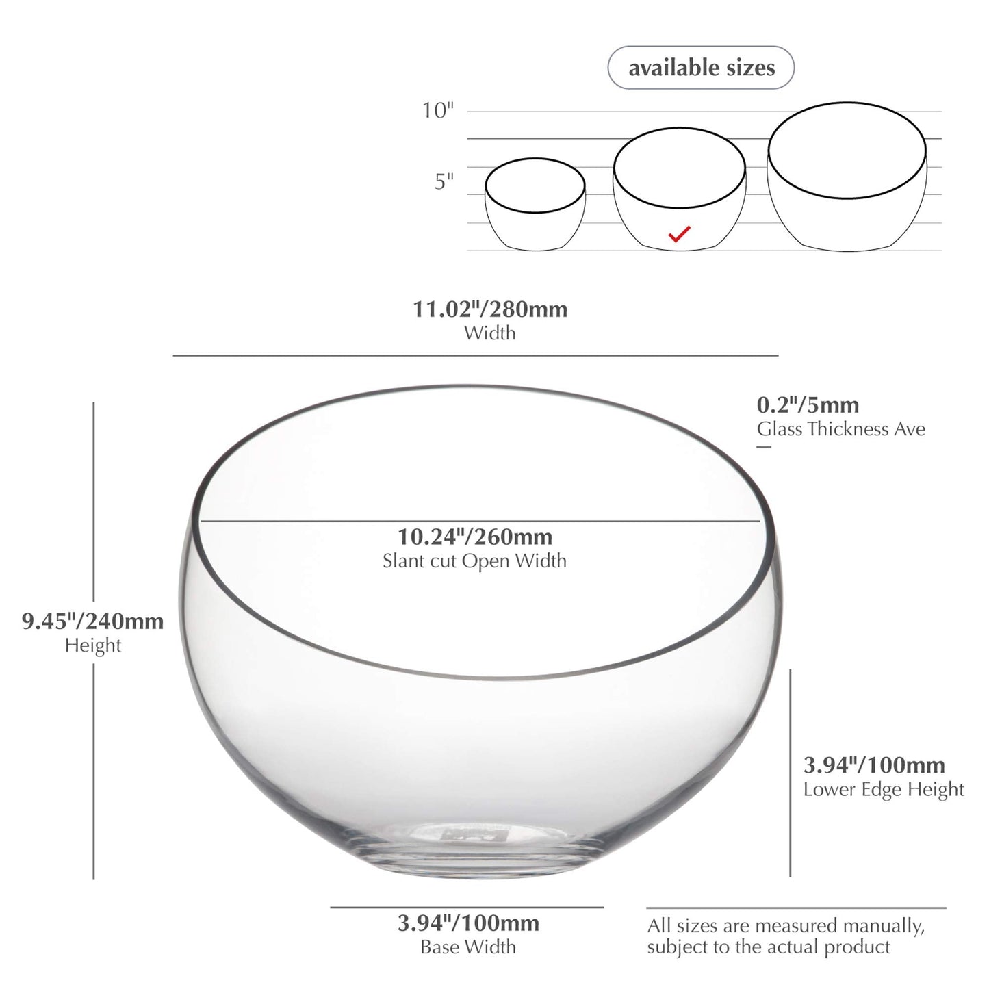 WGV Slant Cut Bowl Glass Vase Bulk, Width 11", Height 9.5", Clear Terrarium, Candy Dish, Fruit Jar, Floral Container for Wedding Party Event, Home Office Decor, 2 Pieces