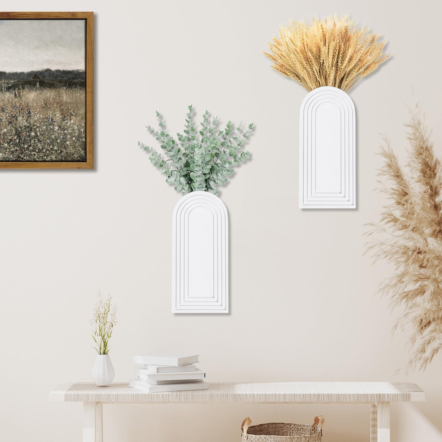 Dnnnii 2 Pack Wooden Wall Vase Set - White Finish Modern Farmhouse & Boho Wall Decor for Entryway, Hallway, Bathroom, Living Room, Dining Room, Narrow Spaces