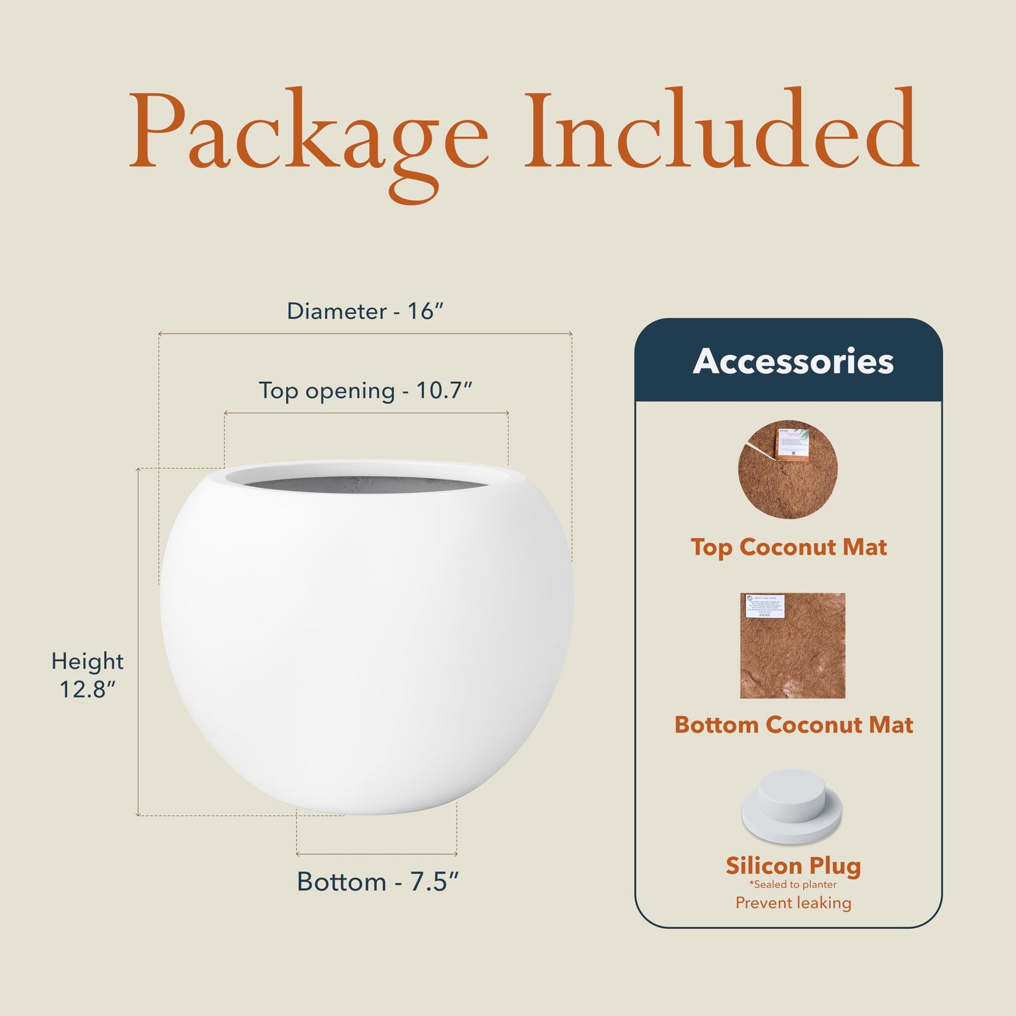 KUTE NEST 12.8"H x 16"D Premium Globo Fiberstone Round Planter with Drainage Hole, Smooth Finishes, Weather Resistant for Indoor and Outdoor Use, Included 2 Extra Coco Mats (White, 10.7" Pot Opening)