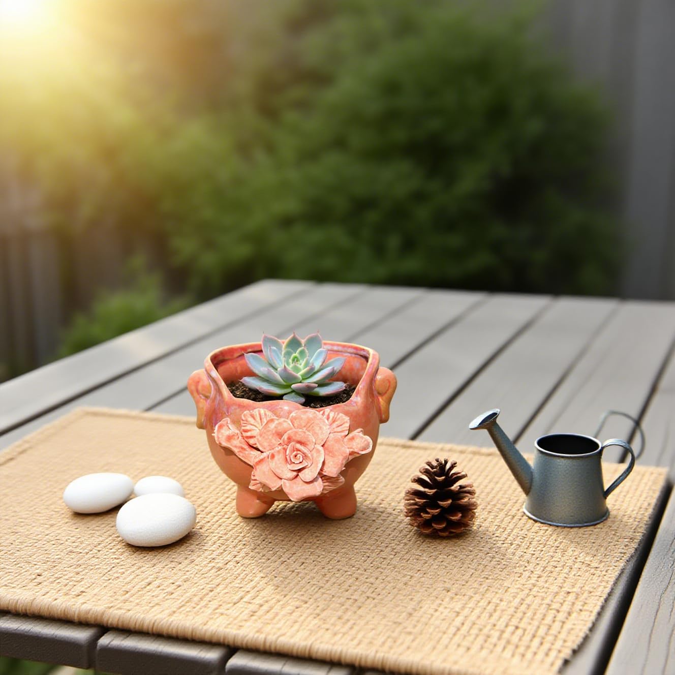 FMTITF Ceramic Planter for Succulents & Flowers 4" H, Cracked Rim with Sculptural Appliqué Design, Indoor/Outdoor Glossy Glaze Flower Pot, Drainage Plug & Curved Handles, Compact Tabletop Decor