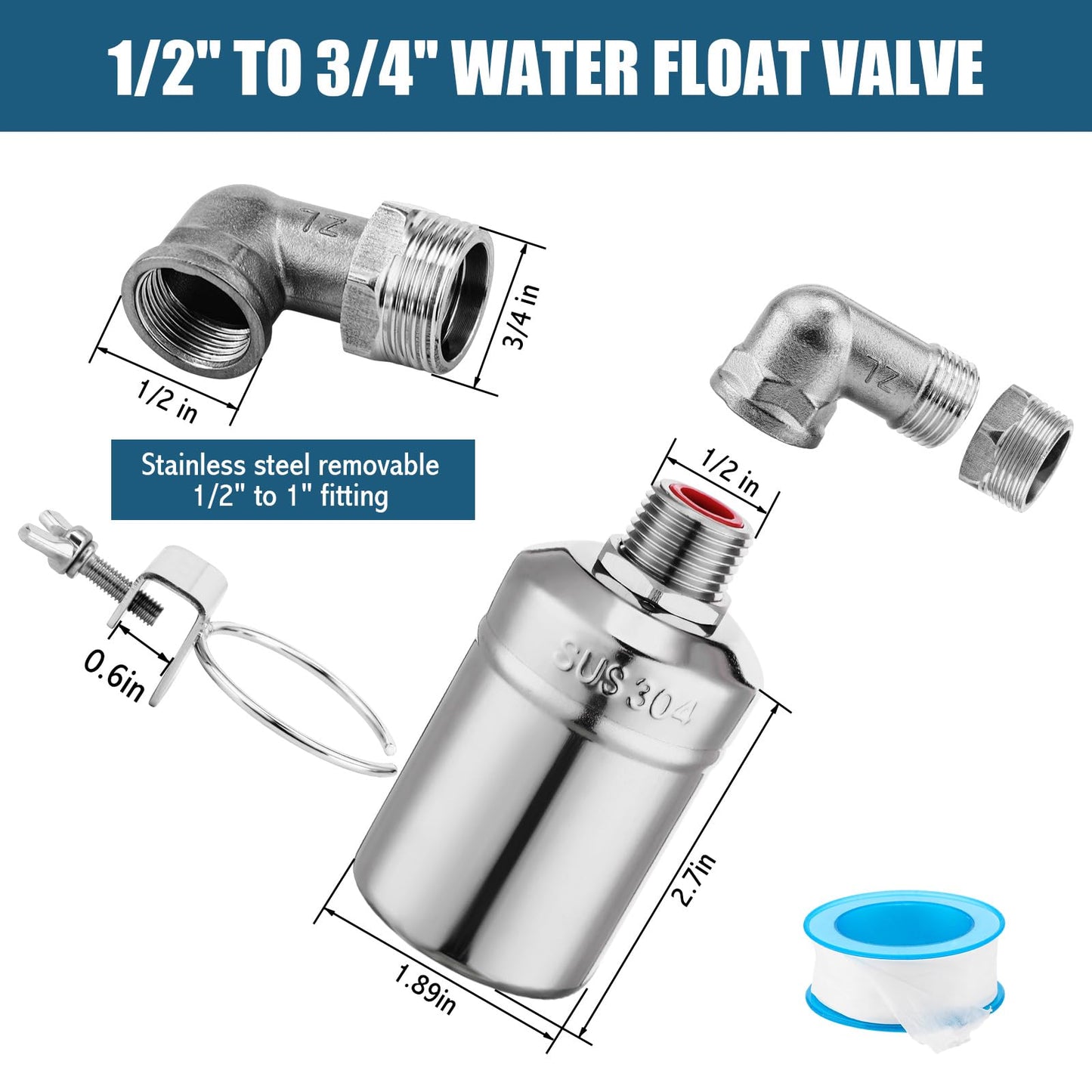 MorningRo 4 Pack Water Float Valve 1/2" to 3/4'' Auto Shut off Water Tank Float Valve 304 Stainless Steel Fully Automatic Level Control for Pool, Livestock Troughs (Regular Style)