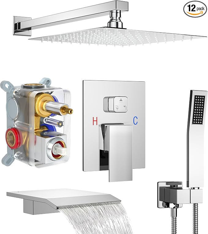 Polished Chrome Shower System with 10-Inch Rain Showerhead and Tub Spout | cUPC-certified pressure balance brass valve to prevent scalding, CEC-certified air injection technology for low pressure