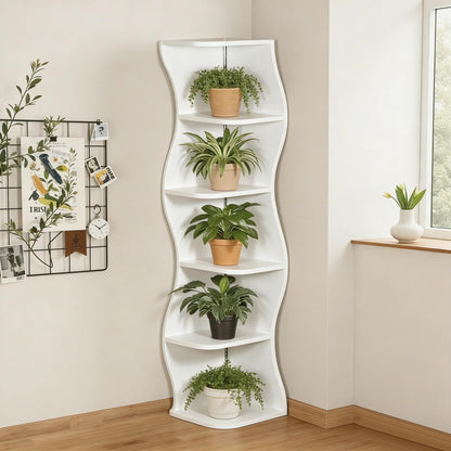 VECELO 6-Tier Wave Corner Bookcase with LED Lights, 90° Right-Angle Tall Narrow Bookshelf, Wooden Corner Display Stand Storage Shelf for Small Spaces, Living Room, Bedroom, Home Office (White)