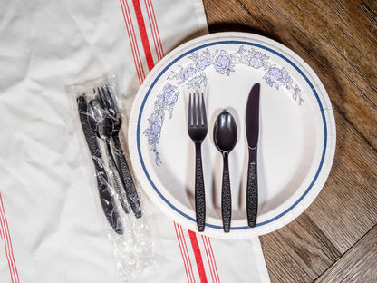 Heavy Weight Black Cutlery Kit - 250 Sets of Individually Wrapped Black Plastic Cutlery Packets (3-piece Kit)