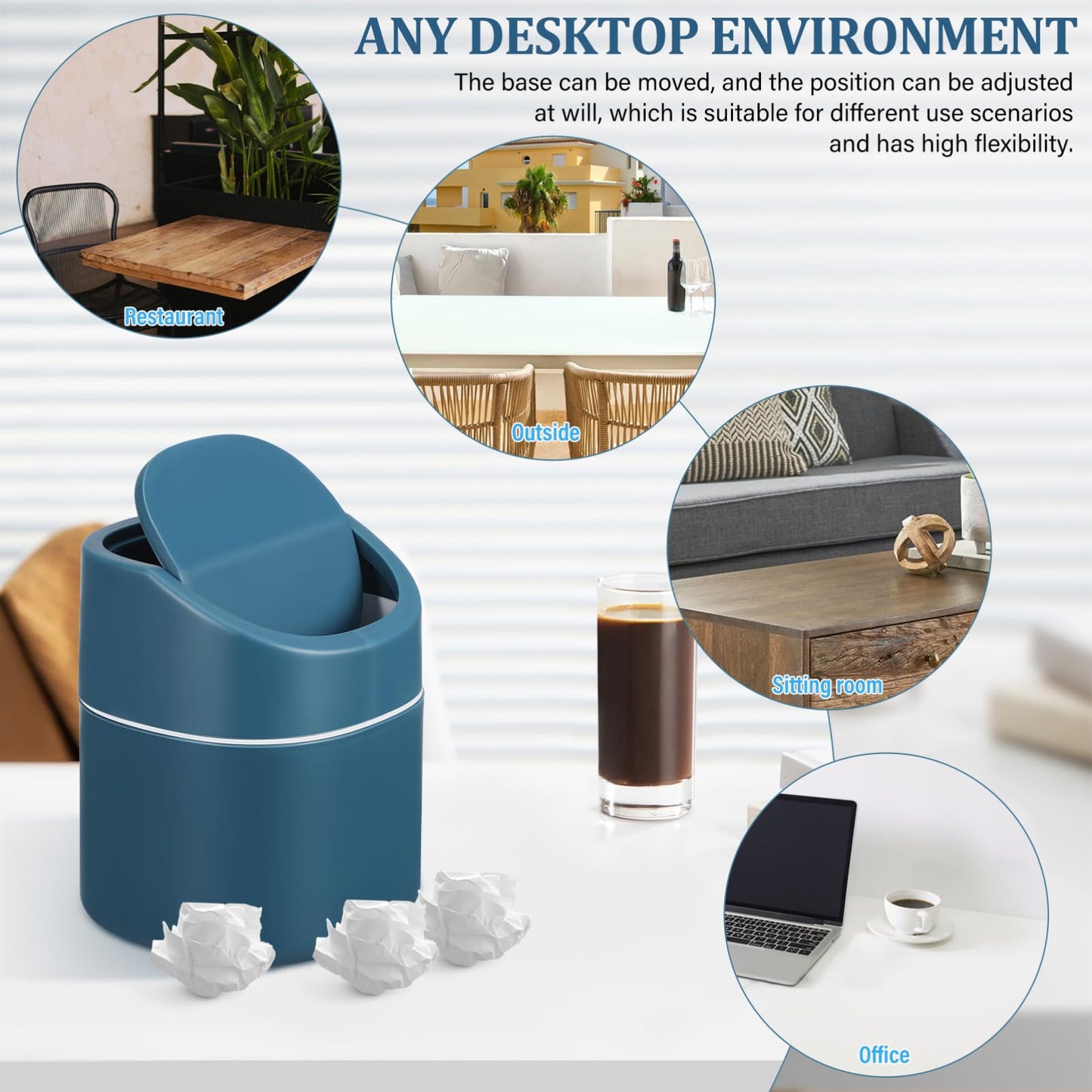 ABOOFAN Mini Desktop Trash can with Lid Small Countertop Garbage Bin for Office and Home Use One-Hand Operation Movable Base Easy to Clean Waste Basket 6.29X5.11X5.11In