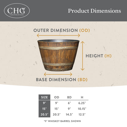 Classic Home & Garden by Growscape Whiskey Barrel Planters, Wooden Finish Flower Planter Pot, Stylish Garden Pots, Indoor Outdoor Resin Planters, Weather-Resistant Plant Pot (20.5" Oak Brown, 1-Pack)