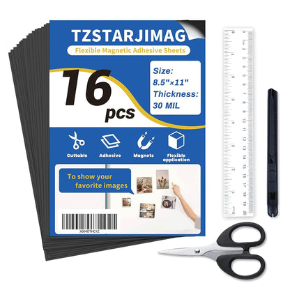Magnetic Sheets with Adhesive Backing,8.5" x 11"(Pack of 16),30 mil Thick Cuttable Flexible Magnet Sheets for DIY Crafts,Photos and Stickers,Magnetic Paper with Strong Self Adhesive