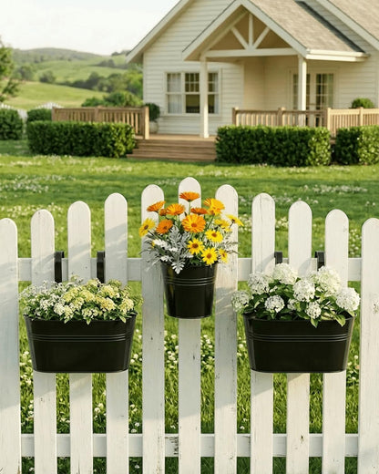 vensovo 6 Pcs Metal Railing Planters Set, 10.8" Oval & 5" Round Hanging Flower Pots with Detachable Hooks, Black Fence Planter Baskets for Outdoor Plants, Herbs & Succulents, Garden Decor