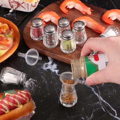 Potchen 0.5 oz Small Salt and Pepper Shakers with Funnels Clear Mini Glass Seasoning Jars Bulk Tiny Spice Glass for Wedding Party Restaurant Home Kitchen Travel Camp(Silver)