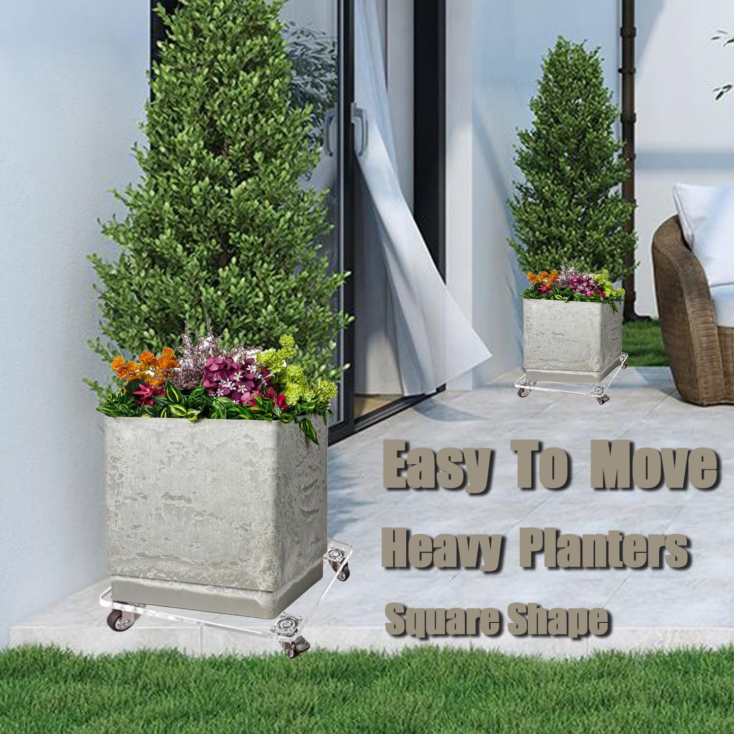 EMCOMS 1PC Transparent Clear Color Plant Caddy 10x10 inch Acrylic Heavy Duty Square Plant Stand with 2 Roller Lockable Caster Wheels,Indoor Outdoor Holds Up 150 Lbs Patio/Flower Pot/Dolly