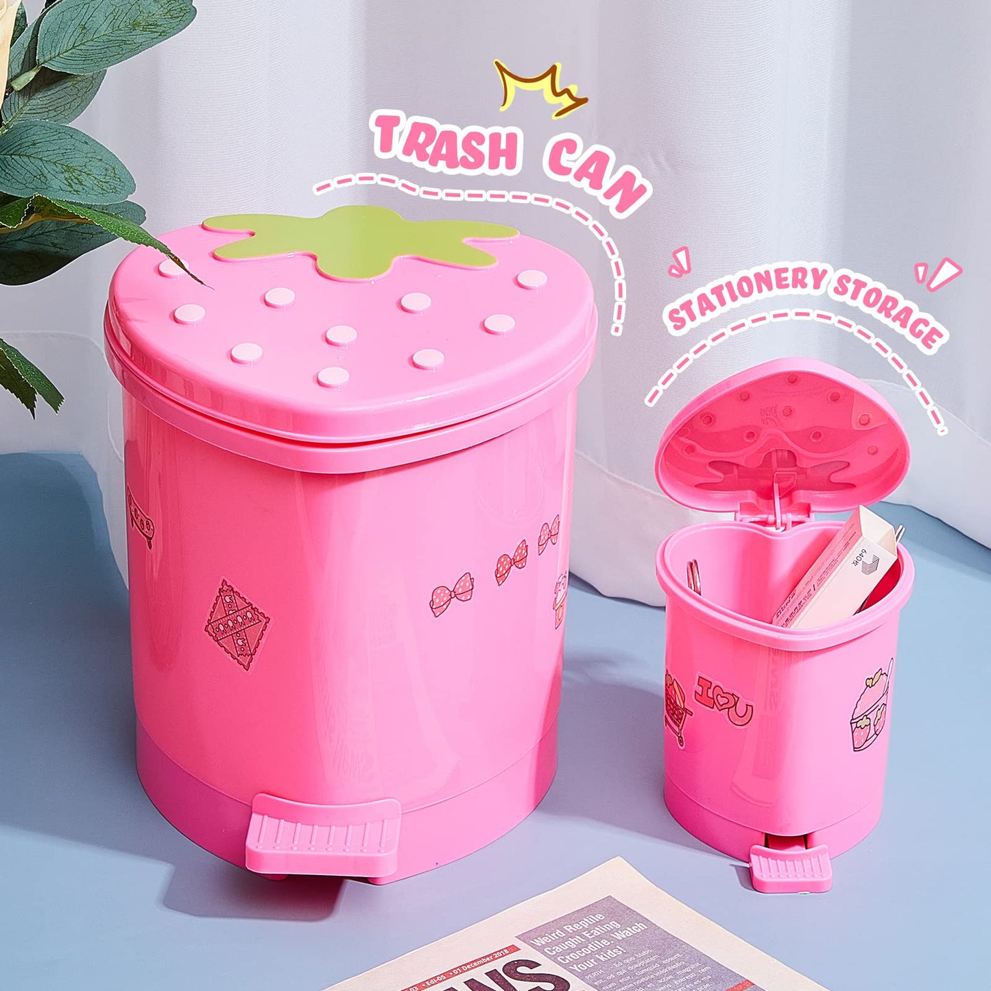 Tessco for you 2 Pieces Strawberry Desk Trash Can Cute Mini Countertop Trash Can with Lid Kawaii Small Garbage Plastic Waste Bin with Sticker for Car Office Home Bedroom Bathroom Kitchen Decor(Pink)
