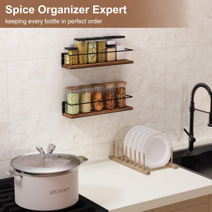 GIGIFTREE Spice Rack Self-Adhesive or drilling, Rustic Style Hanging Spice Rack, Spice Organization for Cabinet Door or Wall Mount, Over The Stove, Kitchen Wall, 2-Pack