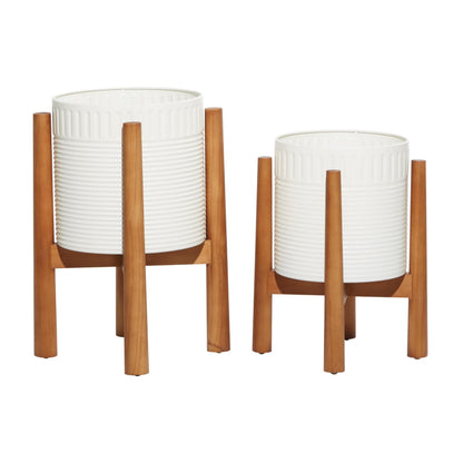Deco 79 Metal Indoor Outdoor Planter Large Planter Pot with Removable Wood Stand, Set of 2 Planters 17", 15"H, White